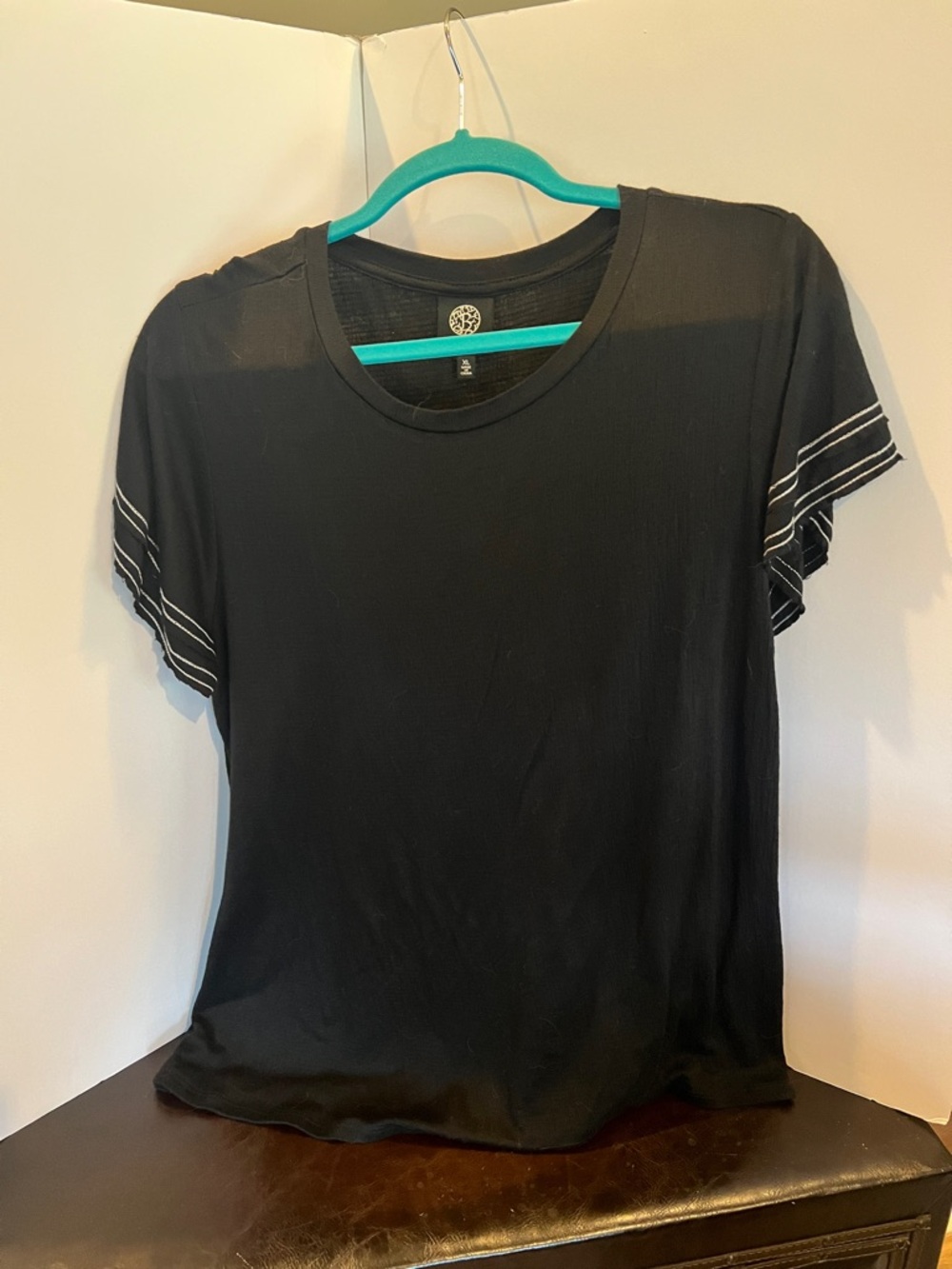 Bobeau Black Tee with White Sleeve Stripes